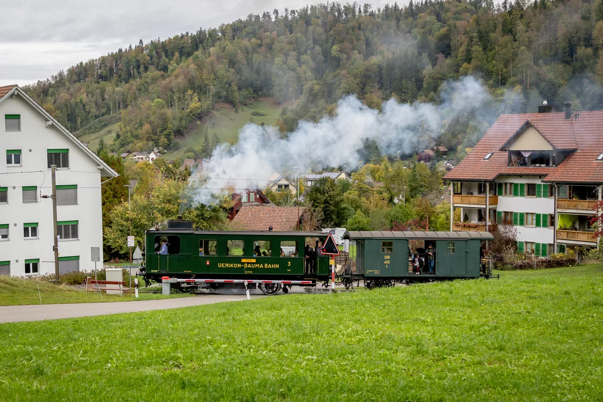 Hier der ebenfalls spezielle Dampftriebwagen Czm 1/2 der Dampfgruppe Zürich. Ein Dampfwagen fährt durch ein Dorf.